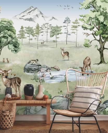 woodland animals with mountains, trees and rocks wallpaper woodland animals with mountains, trees and rocks wallpaper