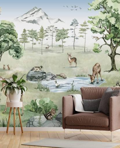woodland animals with mountains, trees and rocks wallpaper