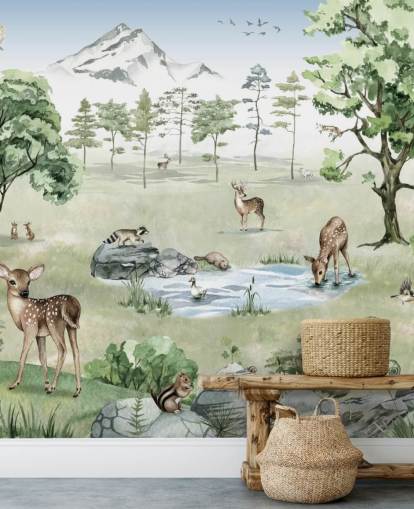 woodland animals with mountains, trees and rocks wallpaper