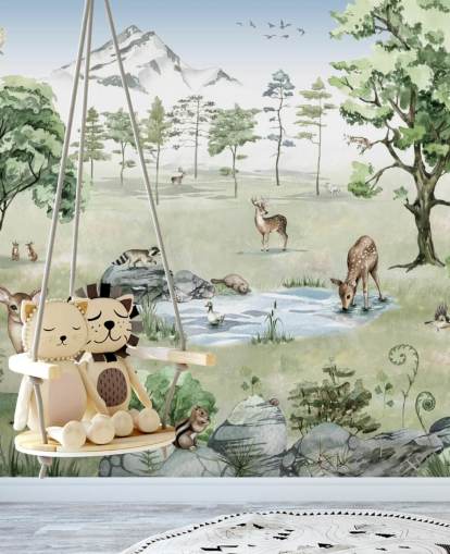 papel pintado de animales del bosque con montañas, árboles y rocas
