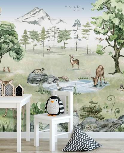 woodland animals with mountains, trees and rocks wallpaper woodland animals with mountains, trees and rocks wallpaper
