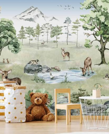 papel pintado de animales del bosque con montañas, árboles y rocas