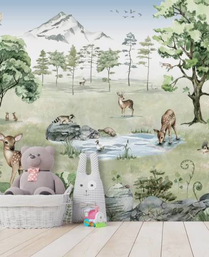 papel de parede de animais da floresta com montanhas, árvores e rochas