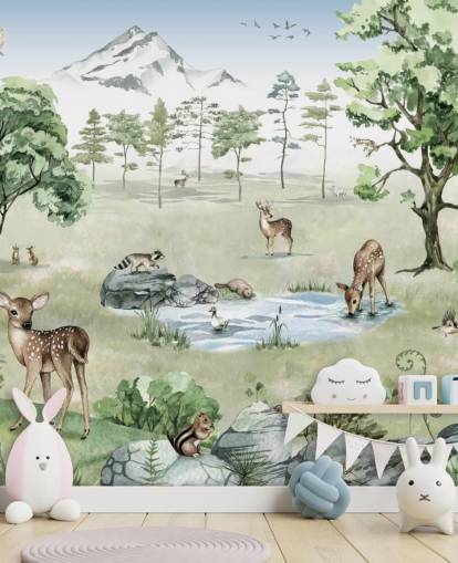 woodland animals with mountains, trees and rocks wallpaper