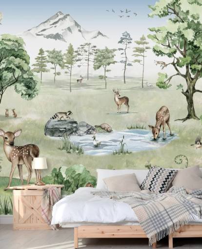 woodland animals with mountains, trees and rocks wallpaper