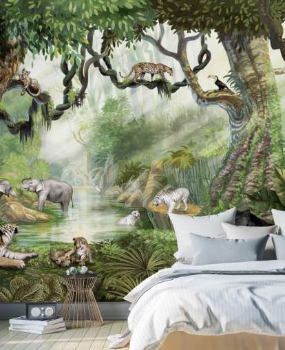 exotische Katzen in tropischer Regenwald-Tapete