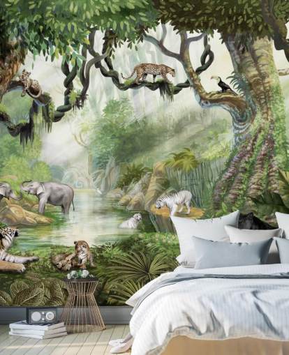 exotic cats in tropical rainforest wallpaper