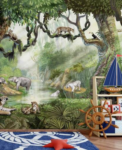 exotische Katzen in tropischer Regenwald-Tapete exotische Katzen in tropischer Regenwald-Tapete