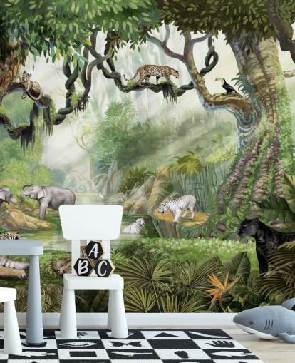 exotische katten in tropisch regenwoud behang