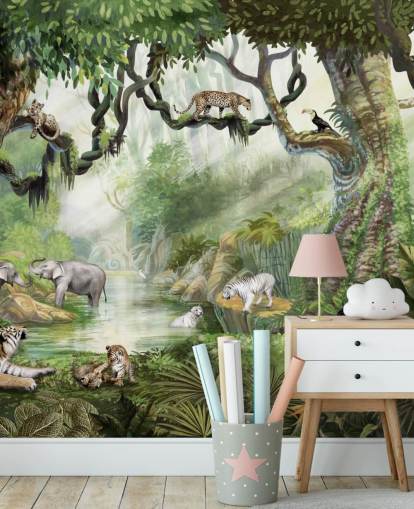 exotische katten in tropisch regenwoud behang