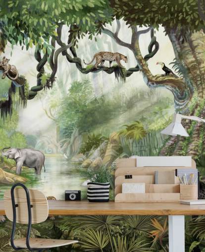 exotic cats in tropical rainforest wallpaper