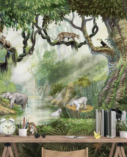 exotic cats in tropical rainforest wallpaper