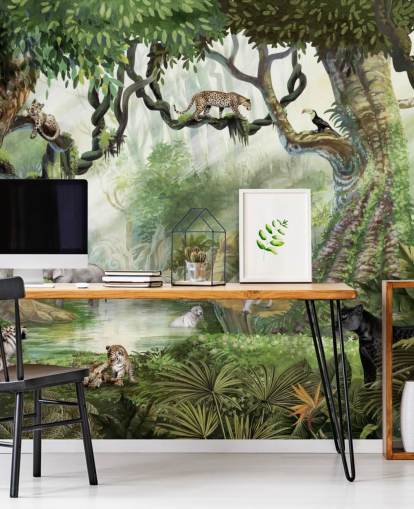 exotic cats in tropical rainforest wallpaper