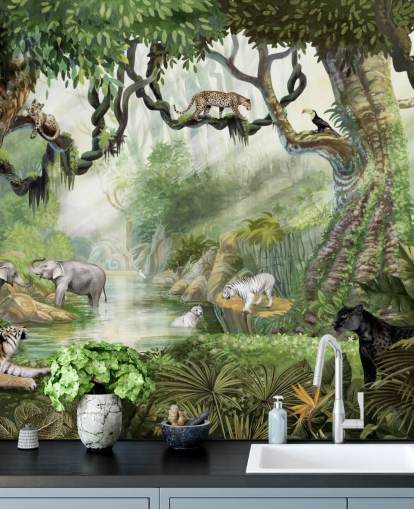 exotische katten in tropisch regenwoud behang