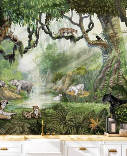 exotic cats in tropical rainforest wallpaper