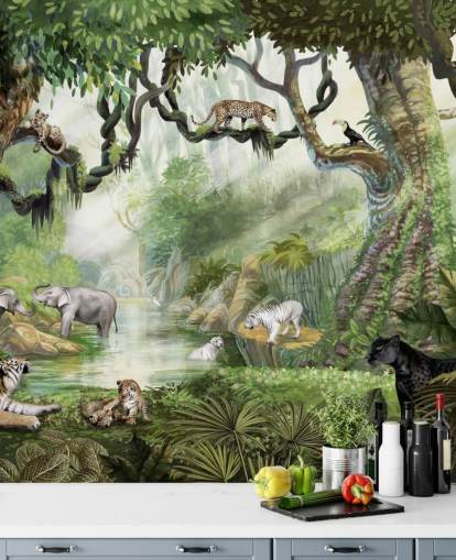 exotic cats in tropical rainforest wallpaper