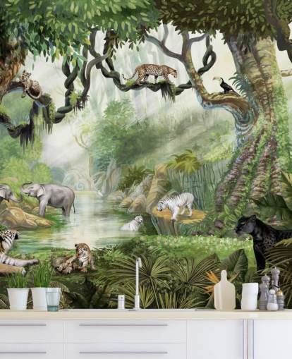 papier peint chats exotiques dans la forêt tropicale