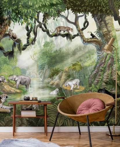 exotic cats in tropical rainforest wallpaper