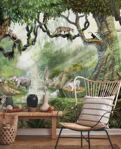 carta da parati con gatti esotici nella foresta pluviale tropicale