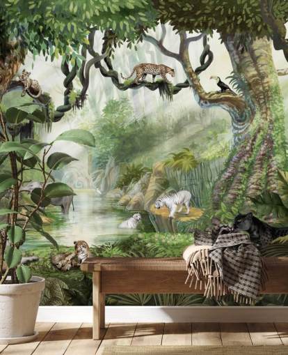 exotic cats in tropical rainforest wallpaper