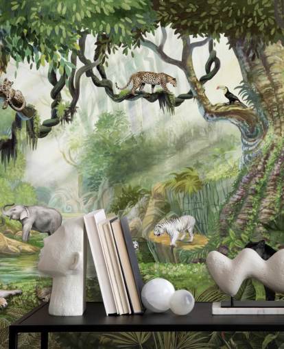 exotic cats in tropical rainforest wallpaper