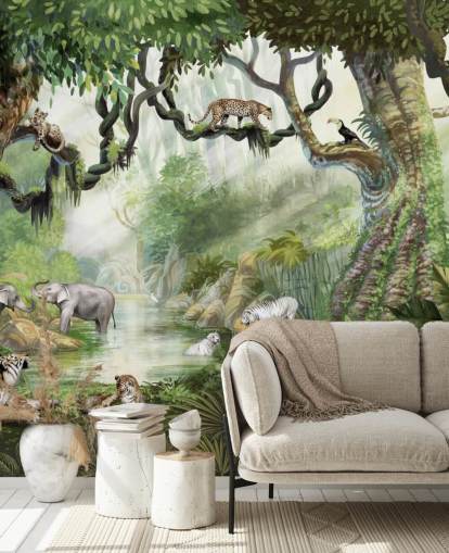 exotic cats in tropical rainforest wallpaper
