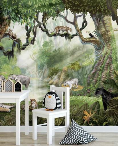 exotische katten in tropisch regenwoud behang