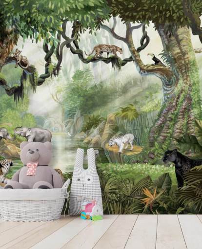 exotic cats in tropical rainforest wallpaper