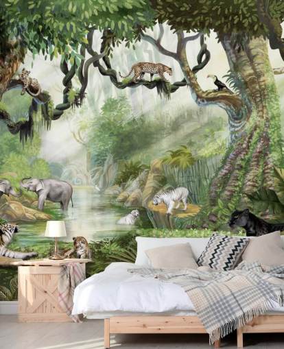 exotic cats in tropical rainforest wallpaper