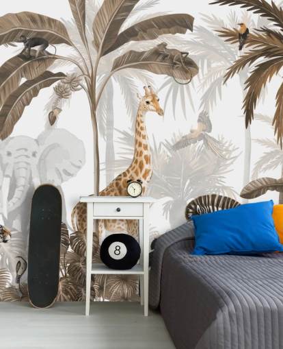 dieren in sepiakleurig junglebehang