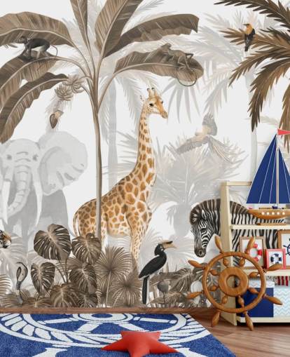 animais em papel de parede de selva em tons de sépia animais em papel de parede de selva em tons de sépia