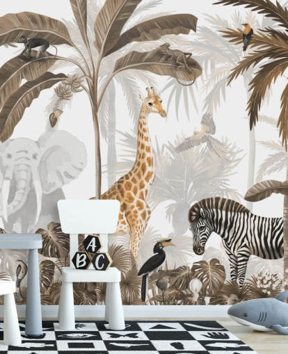 animals in sepia toned jungle wallpaper