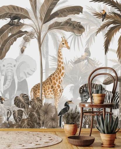 animali nella carta da parati color seppia della giungla