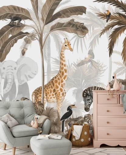 animali nella carta da parati color seppia della giungla