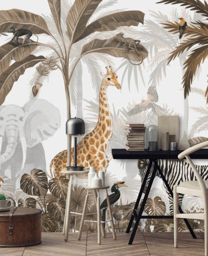 animals in sepia toned jungle wallpaper