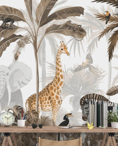 papier peint de la jungle aux tons sépia avec des animaux