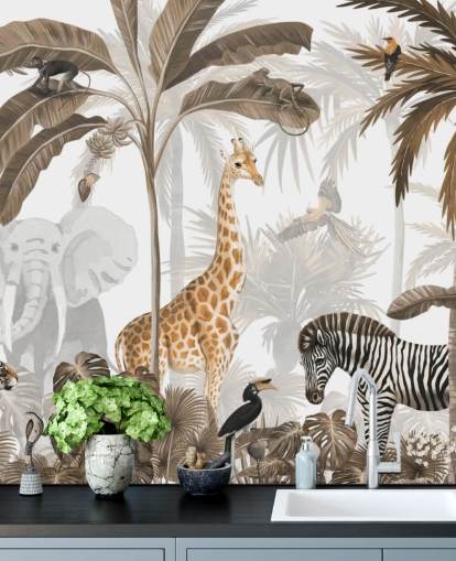 animali nella carta da parati color seppia della giungla