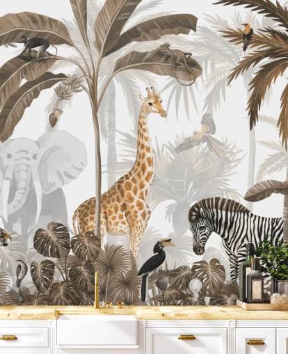 dieren in sepiakleurig junglebehang