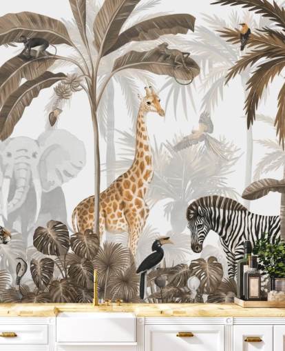 animals in sepia toned jungle wallpaper