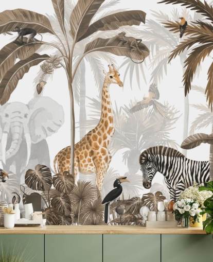 animali nella carta da parati color seppia della giungla
