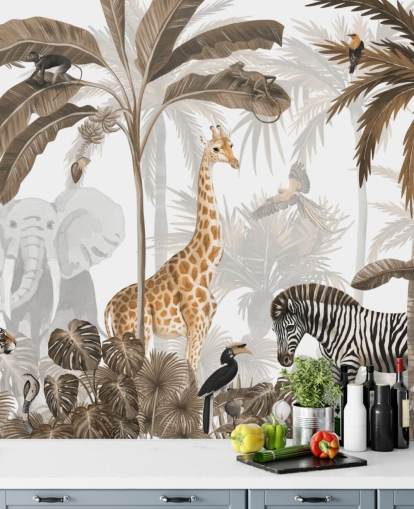 animali nella carta da parati color seppia della giungla