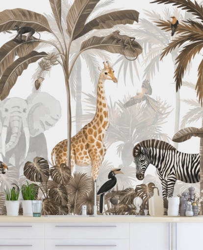 animals in sepia toned jungle wallpaper