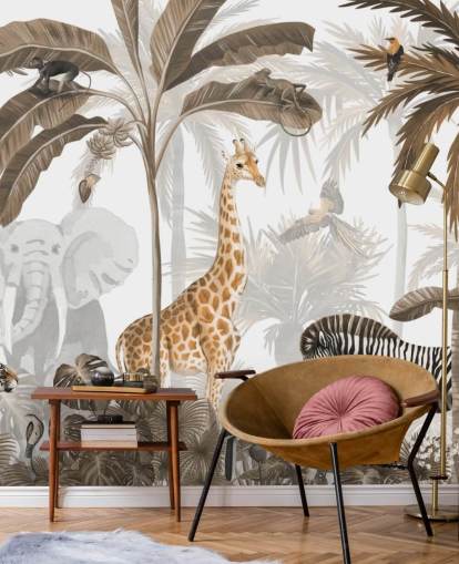 animals in sepia toned jungle wallpaper
