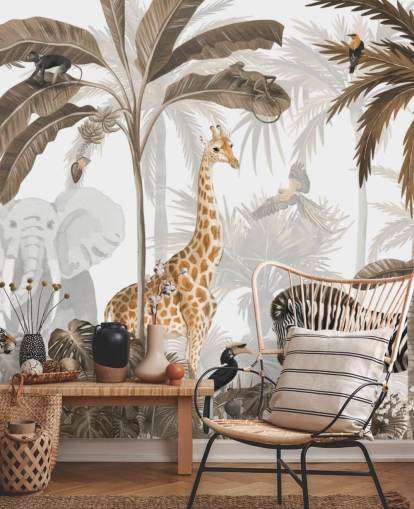 animals in sepia toned jungle wallpaper