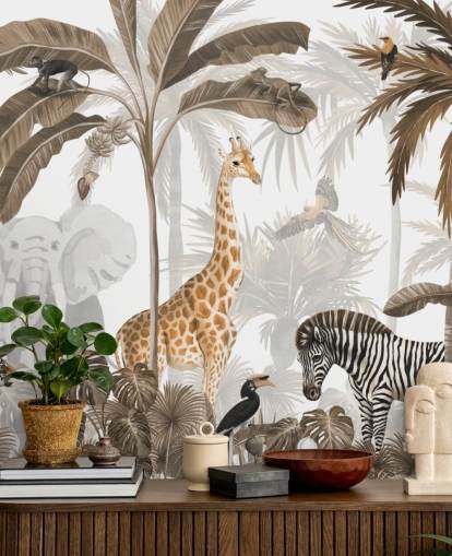 animais em papel de parede de selva em tons de sépia animais em papel de parede de selva em tons de sépia