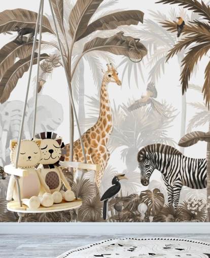 animais em papel de parede de selva em tons de sépia