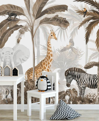 animals in sepia toned jungle wallpaper