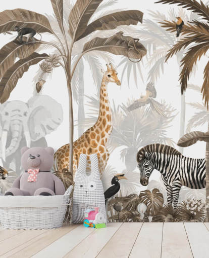 animals in sepia toned jungle wallpaper