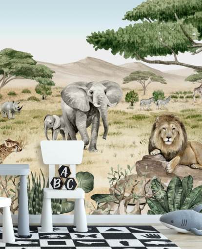 animais de safari em um papel de parede de savana