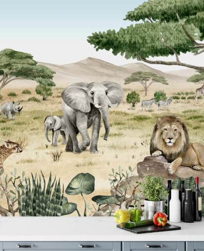 safaridieren in een savannebehang